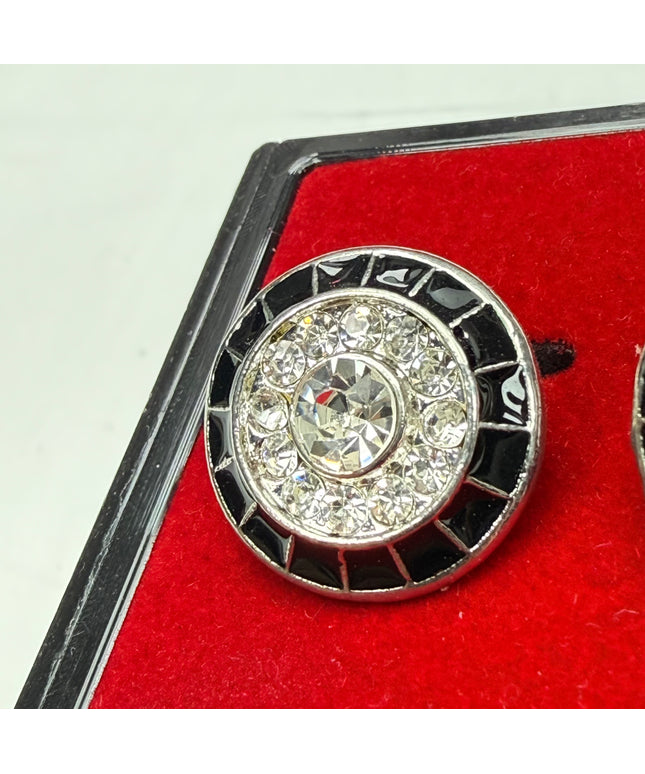 Art Deco Crystal & Black Enamel Silver Cufflinks