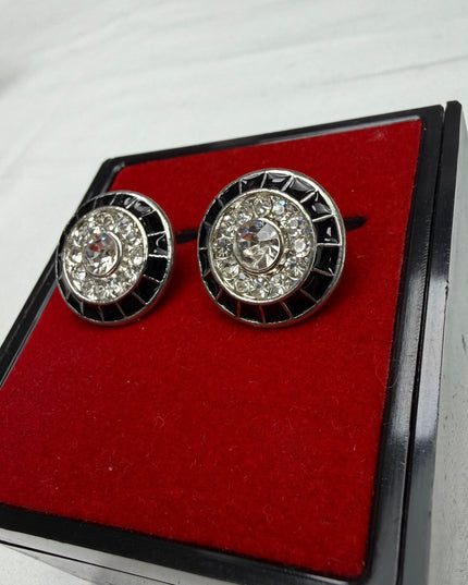 Art Deco Crystal & Black Enamel Silver Cufflinks1