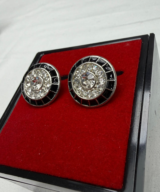 Art Deco Crystal & Black Enamel Silver Cufflinks1