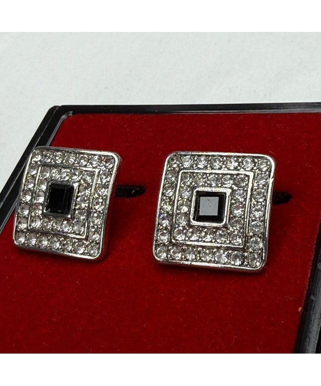 Art Deco Square Crystal & Black Onyx-Style Cufflinks