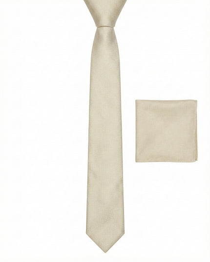 Beige tie and matching pocket square on a white background