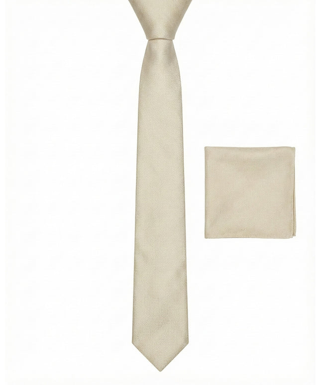 Beige tie and matching pocket square on a white background