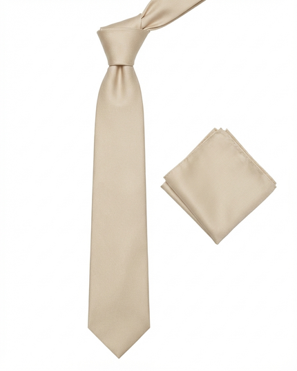 Beige tie and matching pocket square on a white background