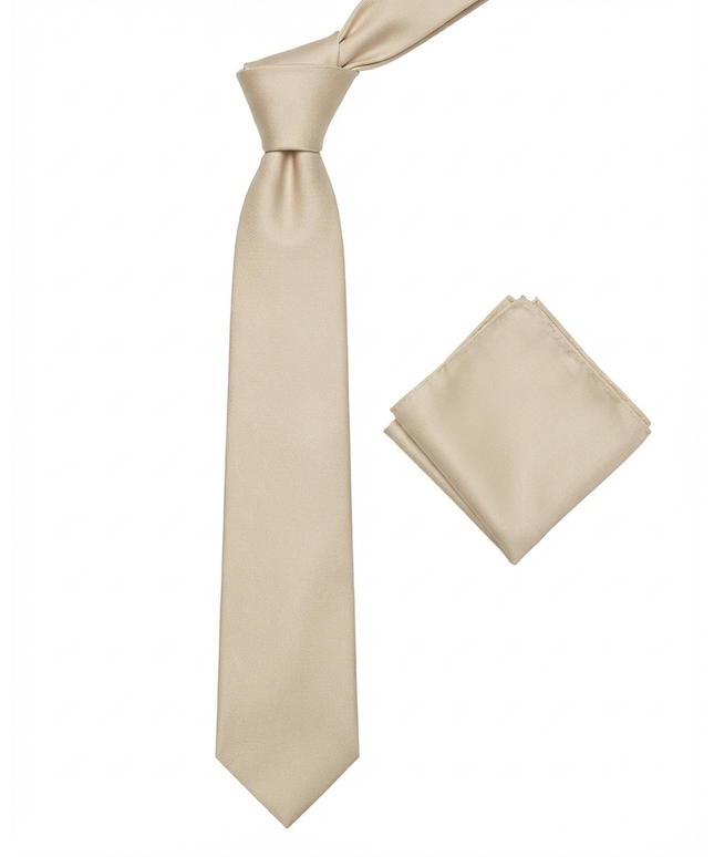 Beige tie and matching pocket square on a white background