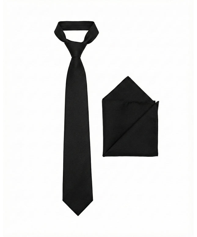 Black tie and black pocket square on a white background