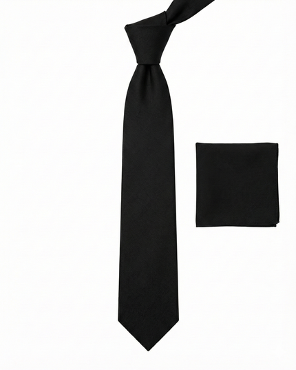 Black tie and matching pocket square on a white background