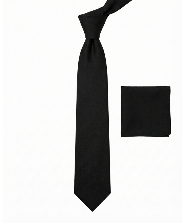 Black tie and matching pocket square on a white background