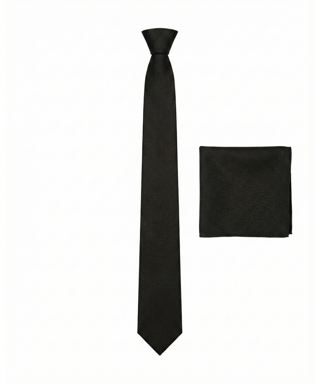 Black tie and matching pocket square on a white background