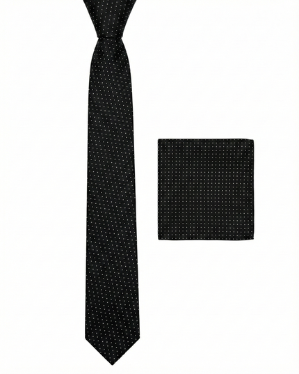 Black tie and matching pocket square with white dots on a white background