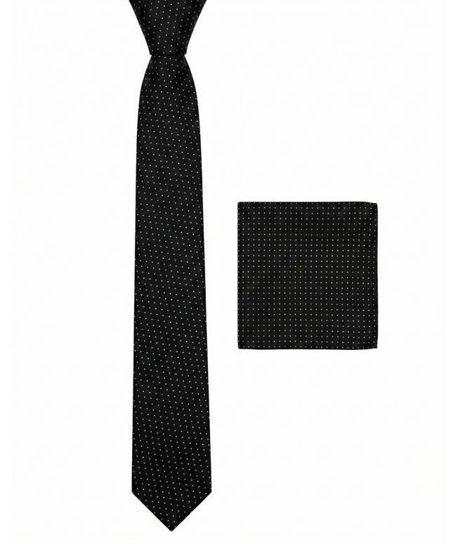 Black tie and matching pocket square with white dots on a white background