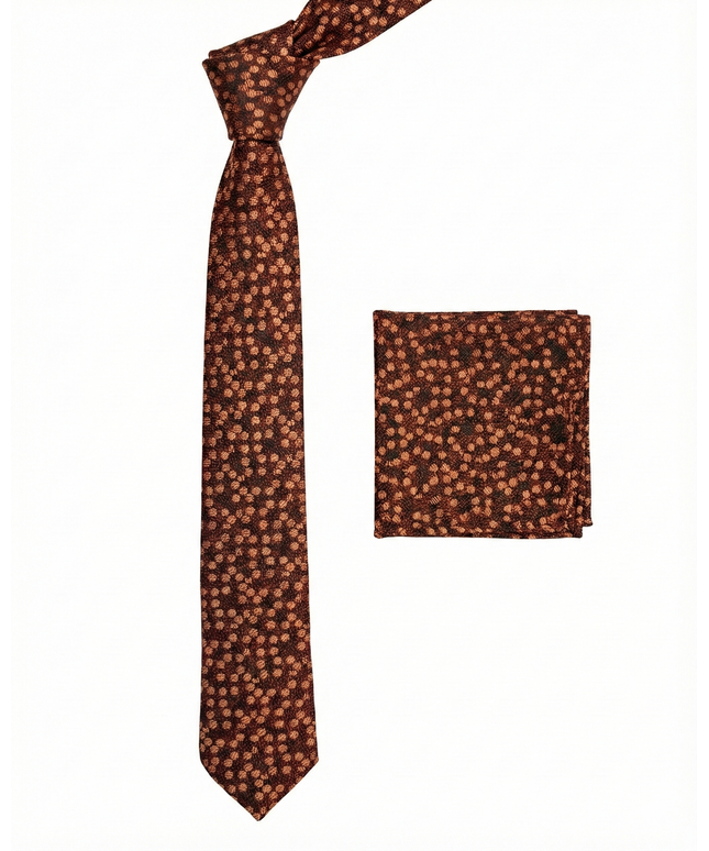 Brown patterned tie and matching pocket square on a white background