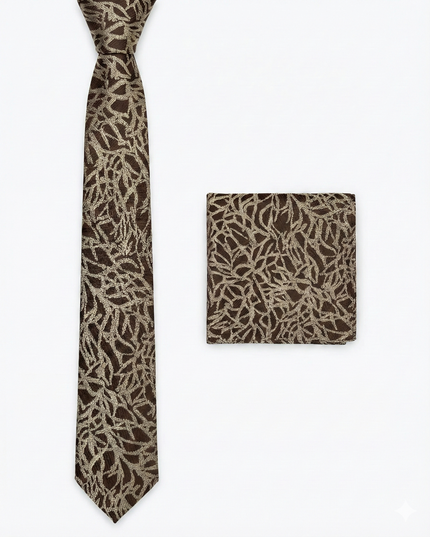 Brown patterned tie and matching pocket square on a white background