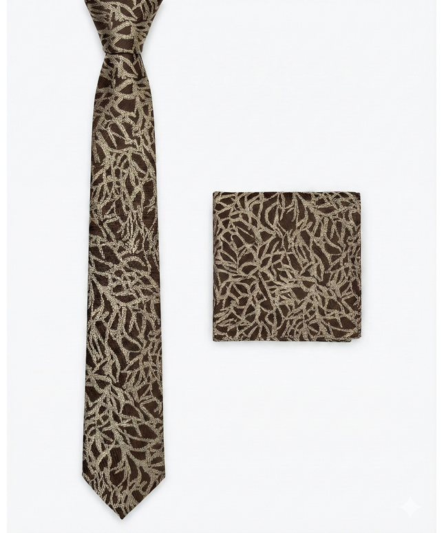 Brown patterned tie and matching pocket square on a white background
