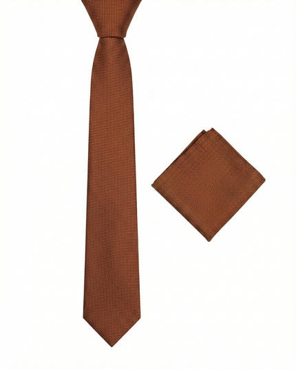 Brown tie and matching pocket square on a white background