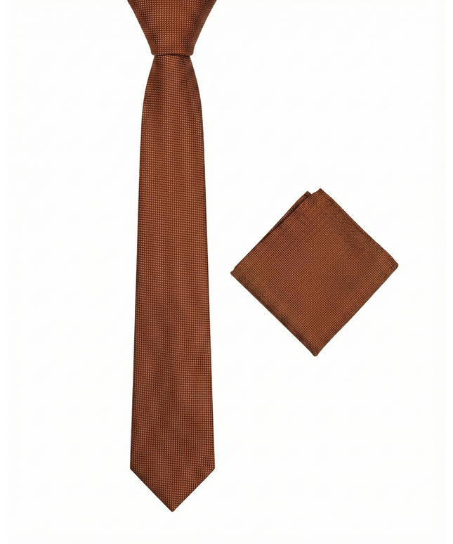 Brown tie and matching pocket square on a white background