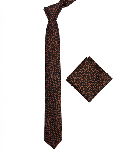 Brown tie with black polka dots and matching pocket square on a white background