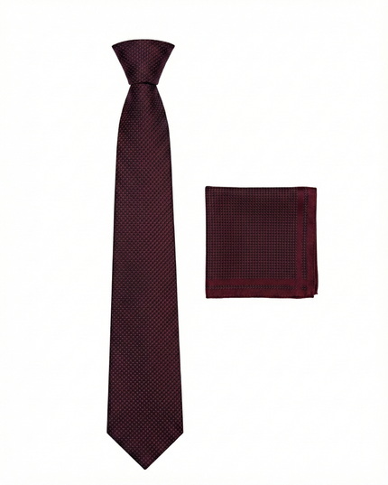 Burgundy patterned tie and pocket square set on a white background