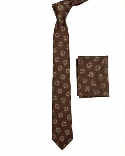 Chocolate Brown & Gold Sunburst Jacquard Tie & Pocket Square Set