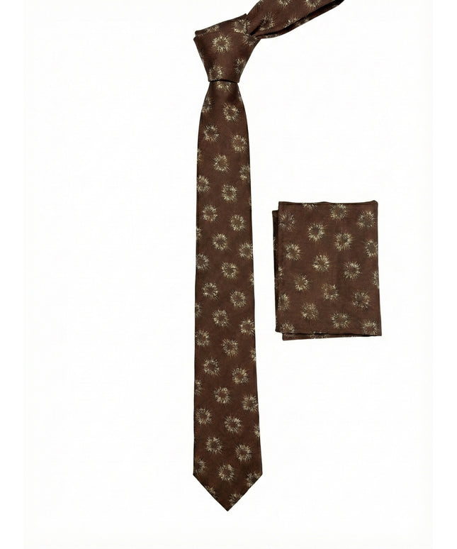 Chocolate Brown & Gold Sunburst Jacquard Tie & Pocket Square Set