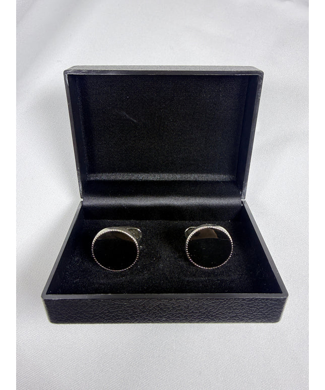 Classic Round Black & Silver-Tone Textured Cufflinks