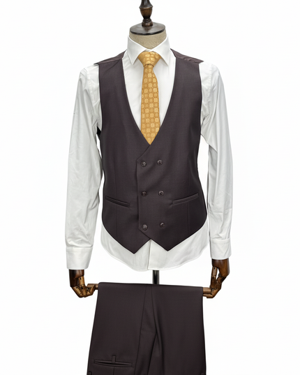 Burgundy vest with a white shirt and yellow tie on a mannequin against a white background