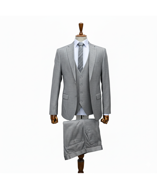 Gray checkered suit on a mannequin with a white background