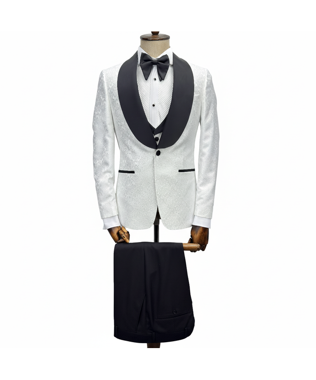 White tuxedo with black lapels on a mannequin against a white background