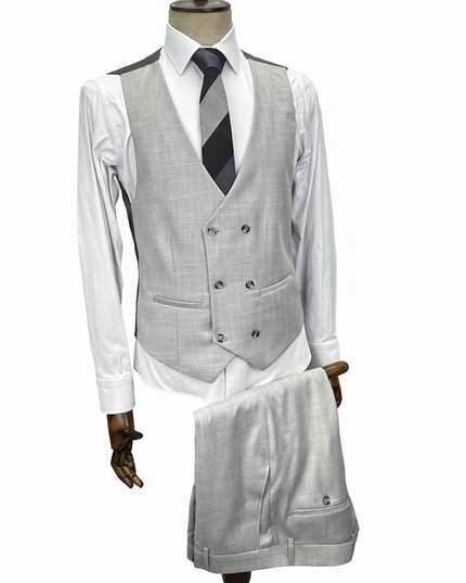 Gray checkered vest with matching pants on a mannequin against a white background