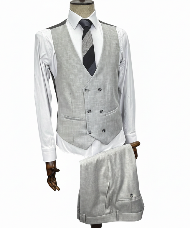 Gray checkered vest with matching pants on a mannequin against a white background