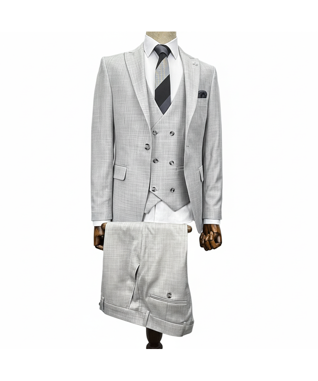 Gray checkered suit with vest and tie on a mannequin against a white background