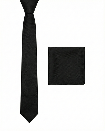 Black tie and matching pocket square on a white background