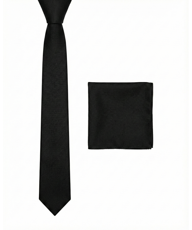 Black tie and matching pocket square on a white background