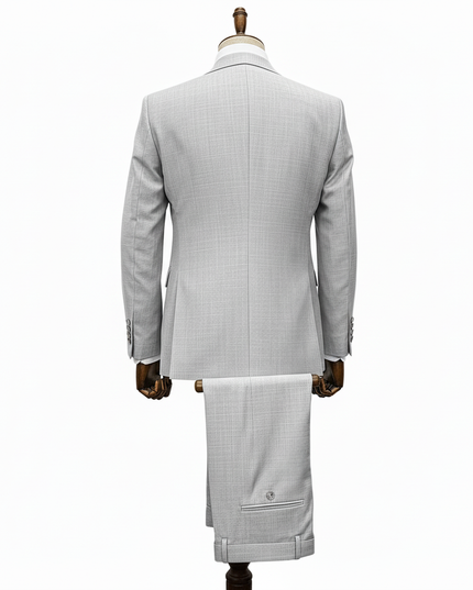 Light gray checkered suit on a mannequin against a white background