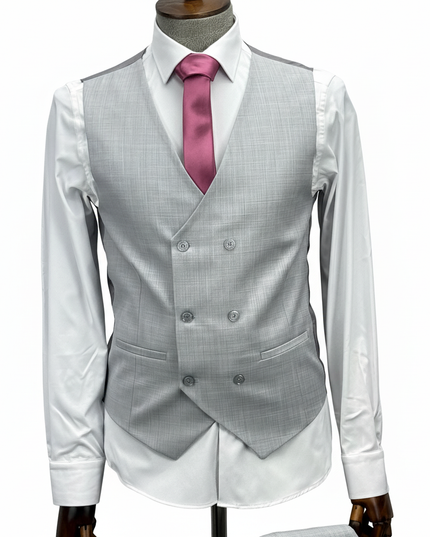 Men's Ice Grey 3-Piece Suit with Double-Breasted Waistcoat
