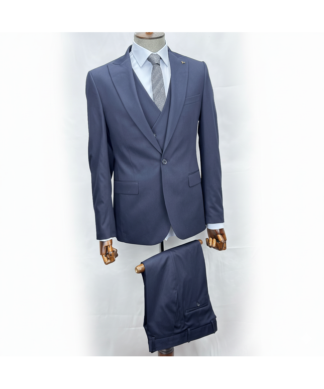 Gray suit with vest and pants on a mannequin against a white background