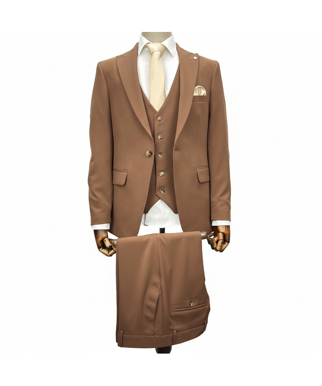 Brown suit with white shirt and tie on a mannequin against a white background