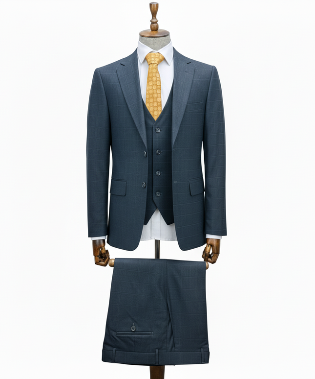 Slate Blue suit with a yellow tie on a mannequin against a white background