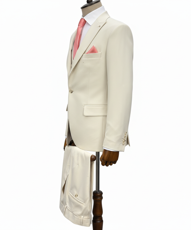 Beige suit on a mannequin with a white background