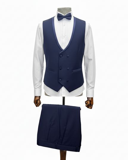 Navy blue waistcoat with matching skirt on a mannequin against a white background
