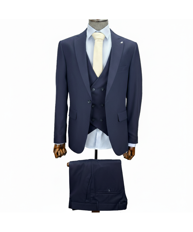 Navy blue suit with white shirt and tie on a mannequin against a white background