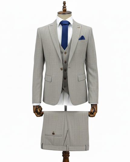 Beige  checkered suit with a blue tie on a mannequin against a white background
