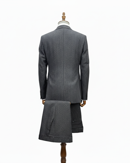 Gray pinstripe suit on a mannequin against a white background