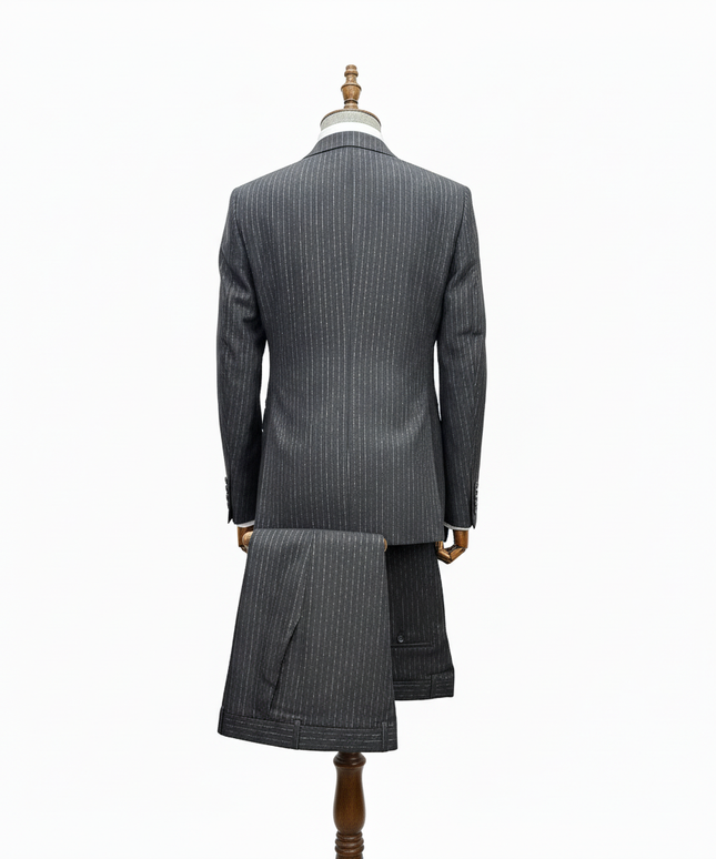 Gray pinstripe suit on a mannequin against a white background