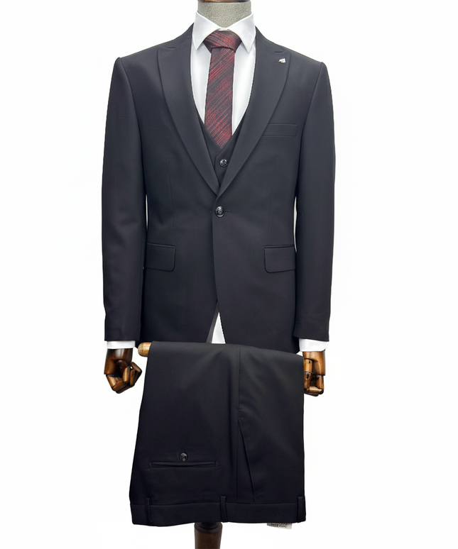 black suit with a red striped tie on a mannequin against a white background