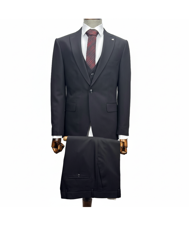 black suit with a red striped tie on a mannequin against a white background