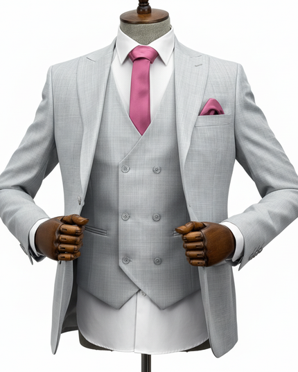 Gray suit with pink tie and pocket square on a mannequin against a white background
