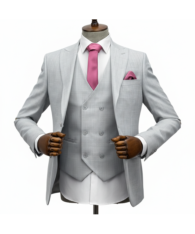 Gray suit with pink tie and pocket square on a mannequin against a white background