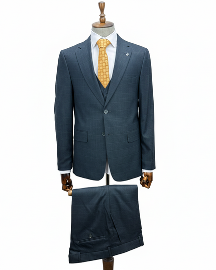 Slate Blue with a yellow tie on a mannequin against a white background