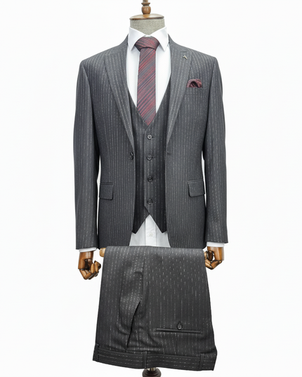 Gray pinstripe suit on a mannequin with a white background