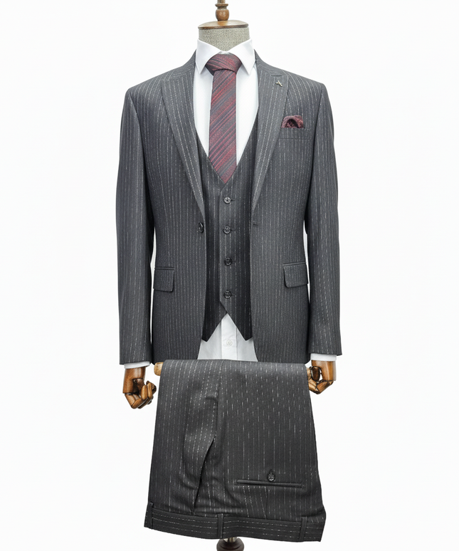 Gray pinstripe suit on a mannequin with a white background